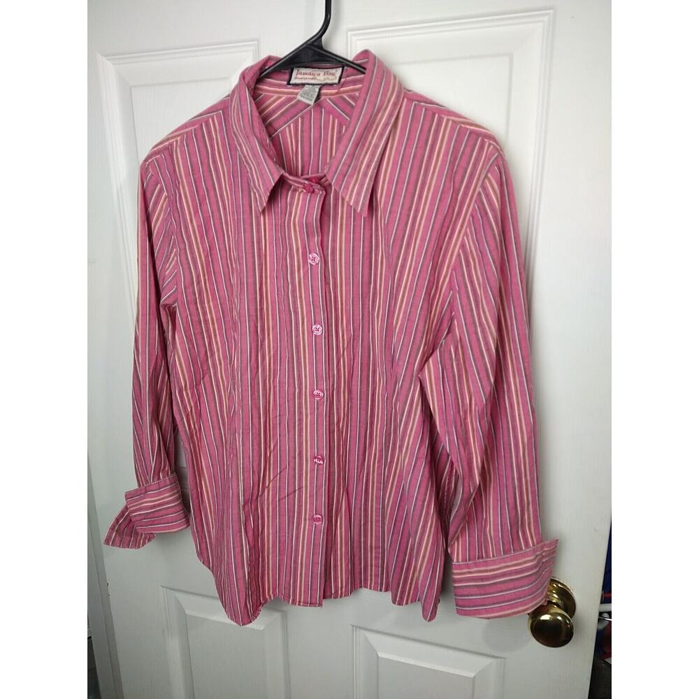 Jamaica Bay Woman XL Short Pink Striped Collared Button Front Button Slit Cuff